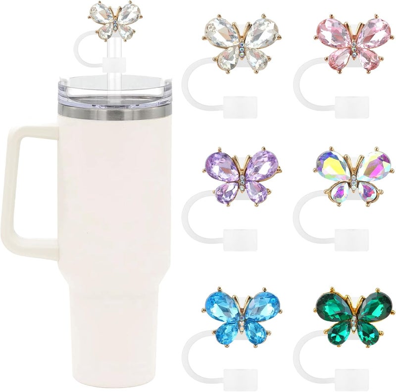 SEMATA 6PCS Cute Diamond Butterfly Straw Cover Cap for Stanley Cup Accessories,Bling Straw Toppers for Stanley Tumbler 40&30 oz,Reusable Straws Tips Protectors Compatible with 10mm Straws - Image 1